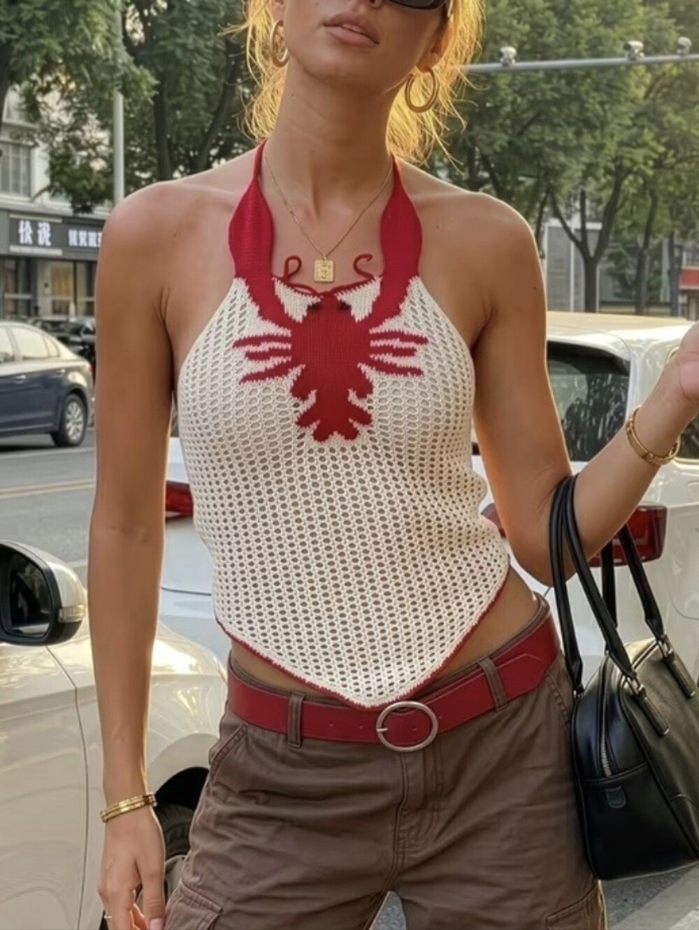 Women' Hand-Crocheted Red Lobster Halter Neck Beach Top - Semi-Sheer Backless